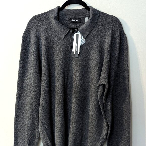 NWT Tahari Men’s Wool Blend Polo Sweater Charcoal Gray Knit Pullover Size Medium - Picture 1 of 4